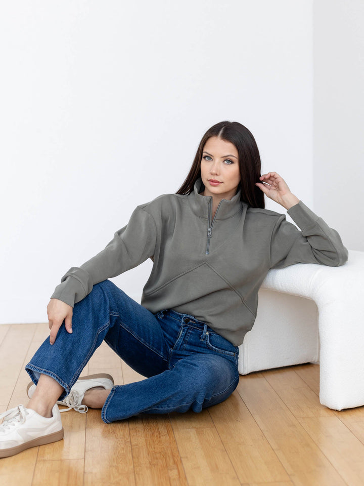 muted olive super soft half zip sweatshirt