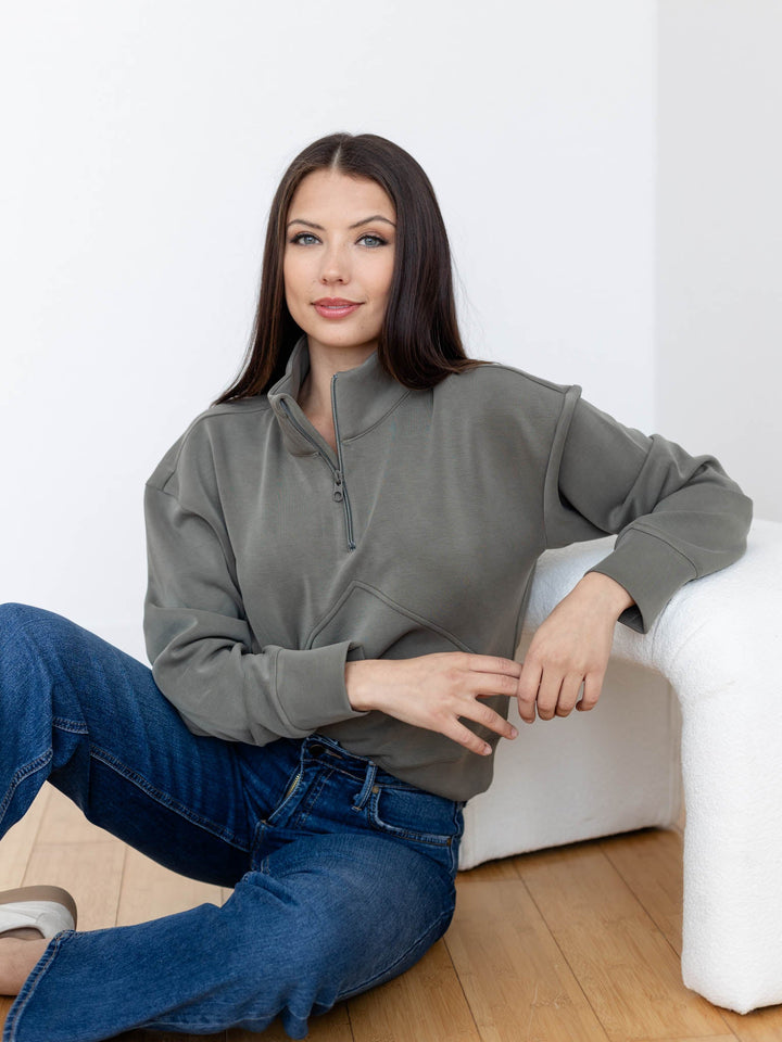 muted olive super soft half zip sweatshirt