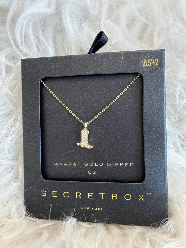 Secret Box Pave Cowboy Boot Necklace