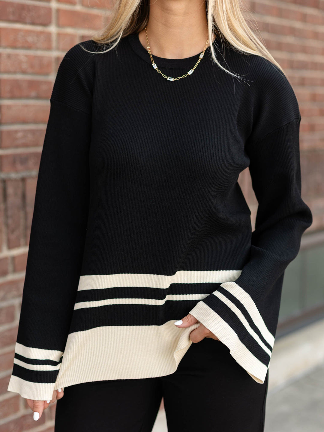 Border Striped Knitted Long Sleeve TopKnit tops