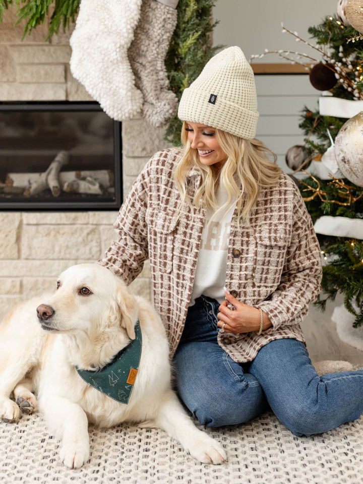 boucle textured brown and cream plaid shacket