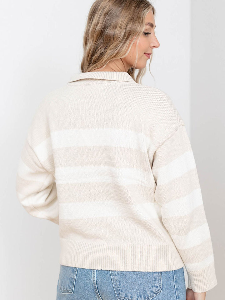 tan and cream collared v-neck stripe sweater