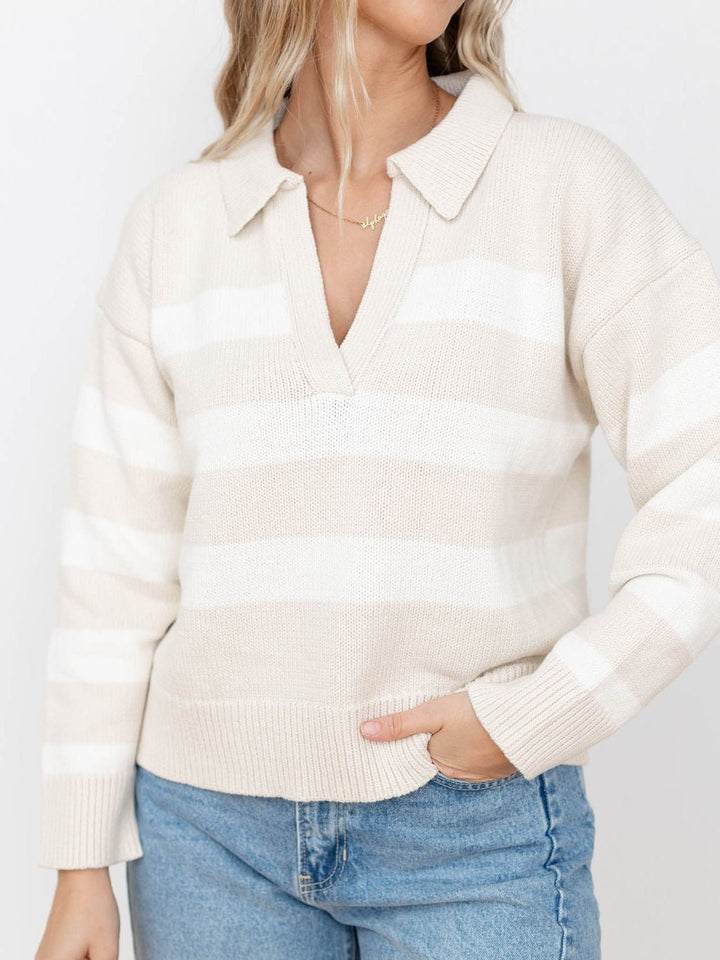 tan and cream collared v-neck stripe sweater