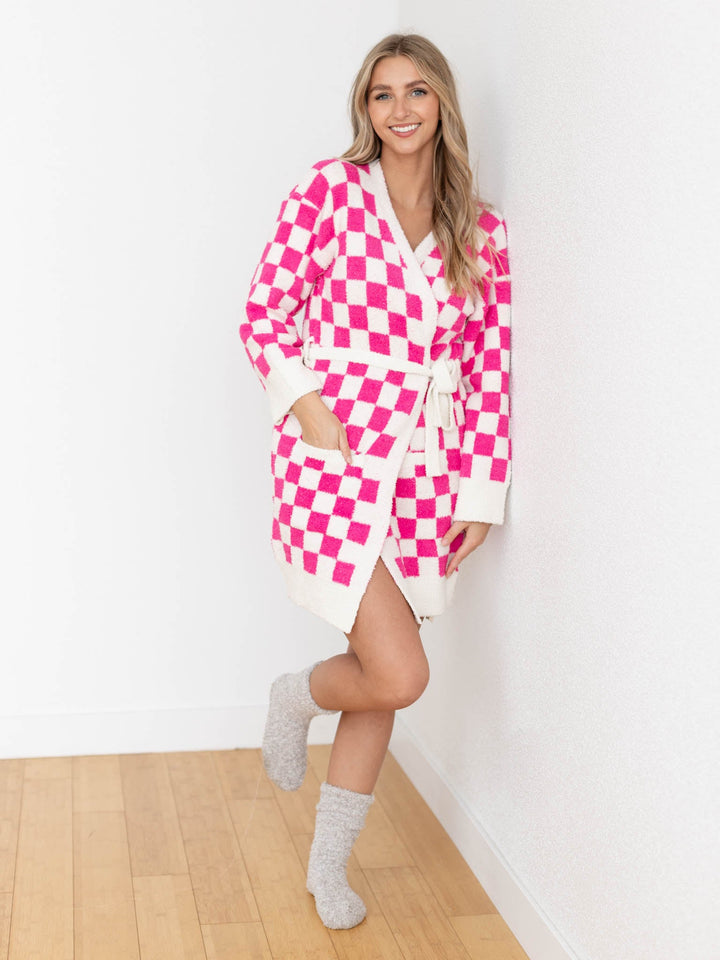 light pink super soft checkered short robe