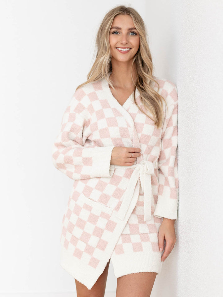 light pink super soft checkered short robe