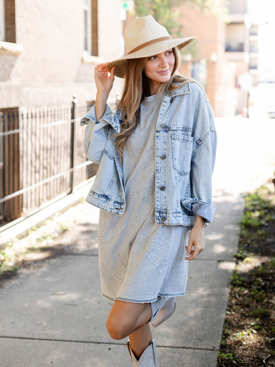 Crew Neck Embroidered T - Shirt DressDress