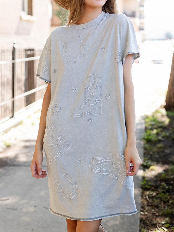 Crew Neck Embroidered T - Shirt DressDress