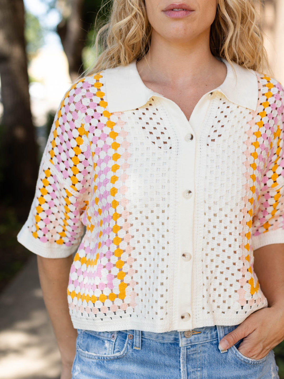 Crochet Button Up Collared TopKnit tops