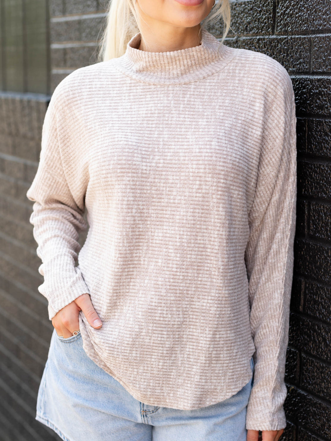 Dolman Sleeve Mock Neck Brushed TopKnit tops