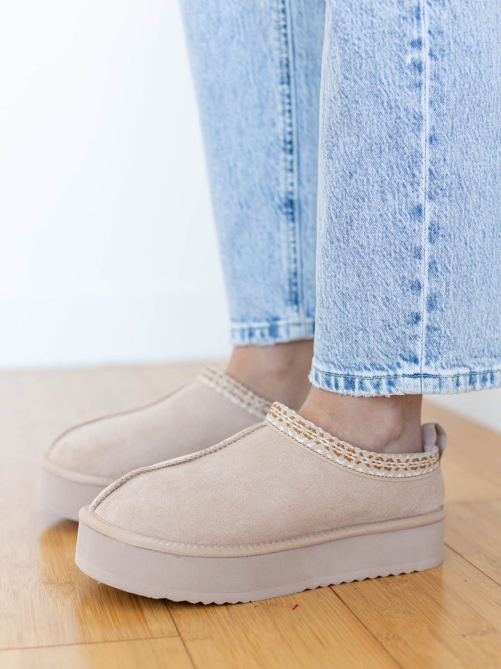 light beige furry slip on shoe