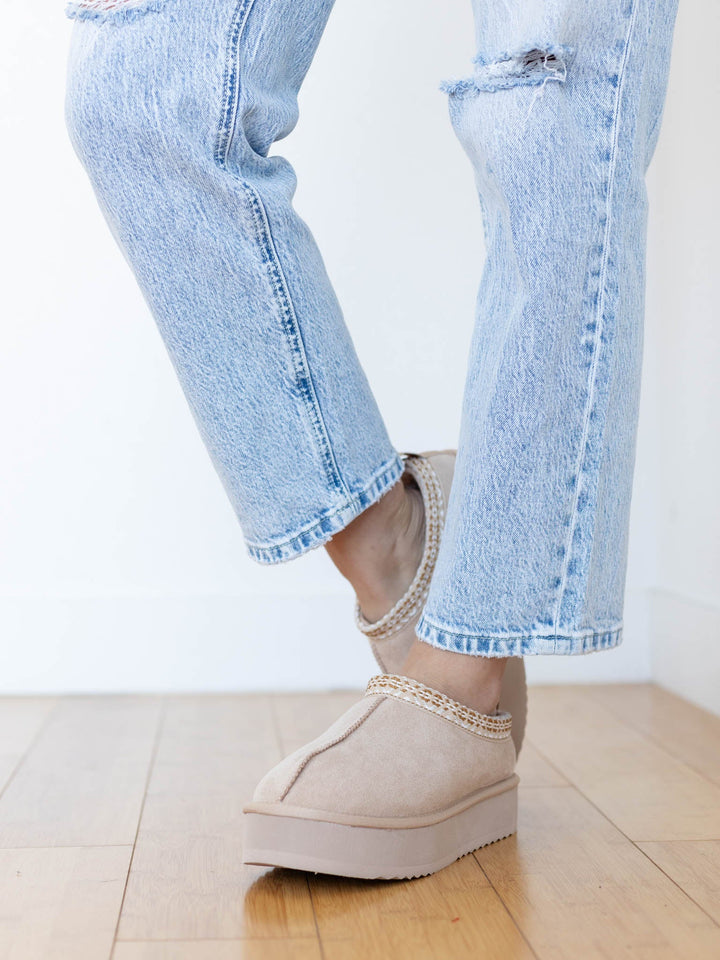 light beige furry slip on shoe