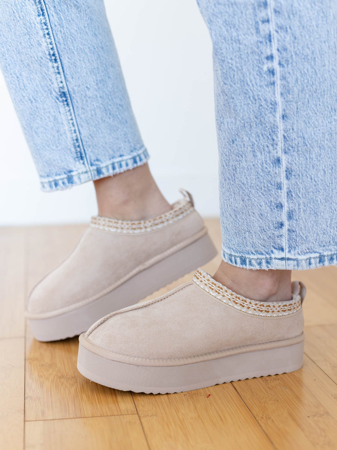 light beige furry slip on shoe