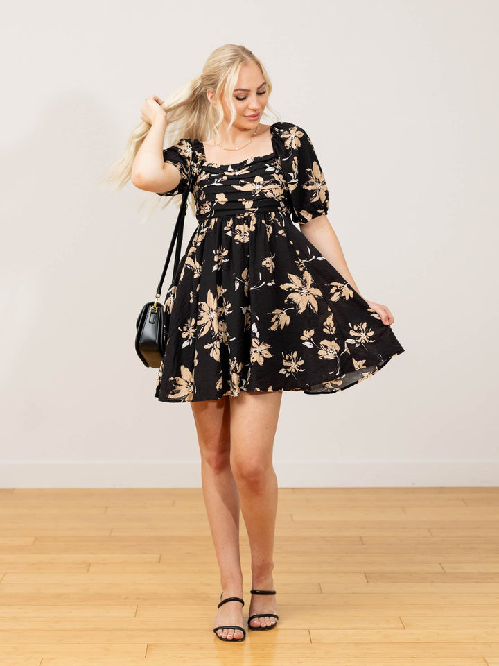 Floral Pleated Puff Sleeve Mini DressDress