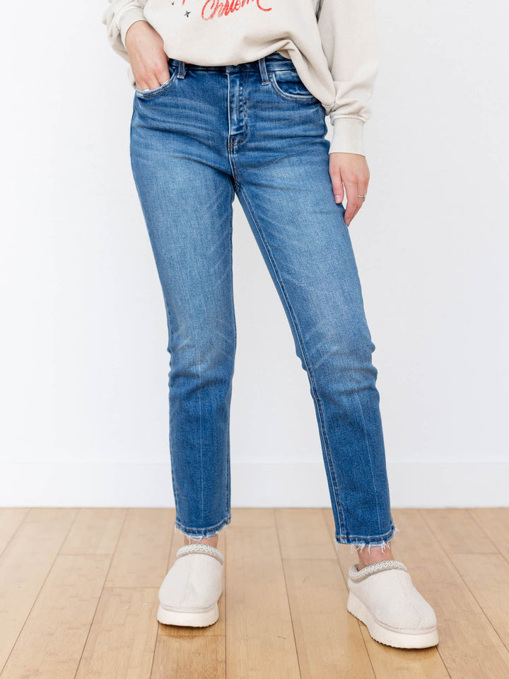 medium wash slim straight denim