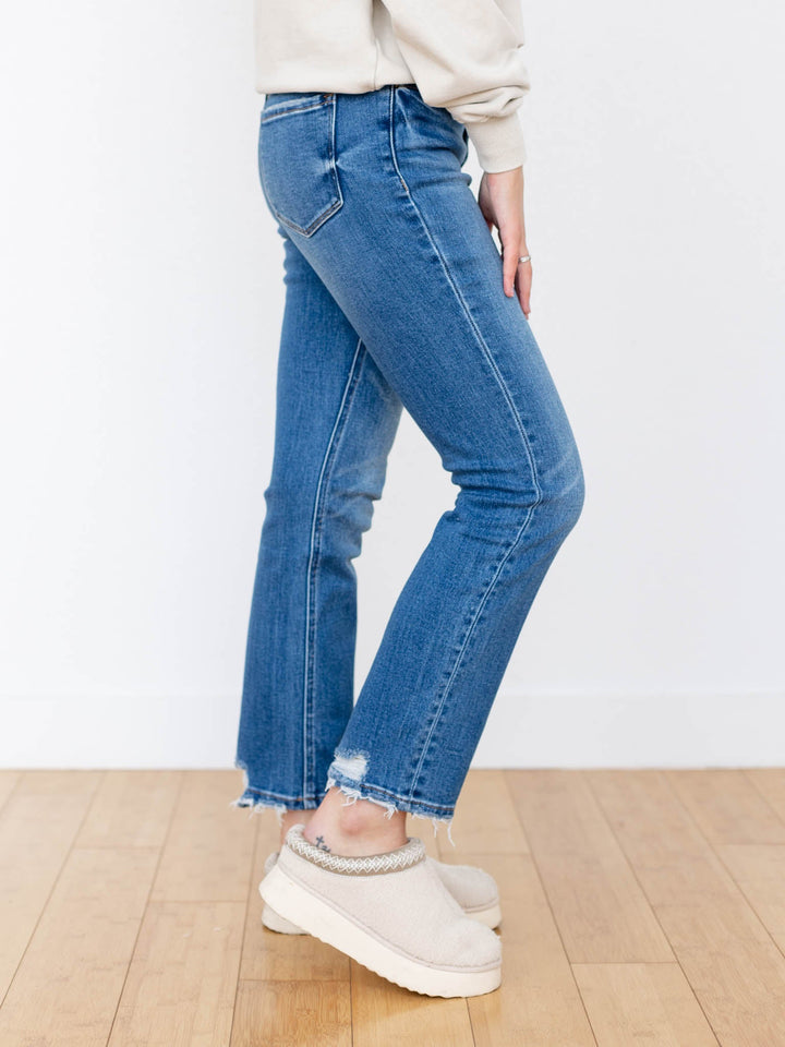 medium wash slim straight denim