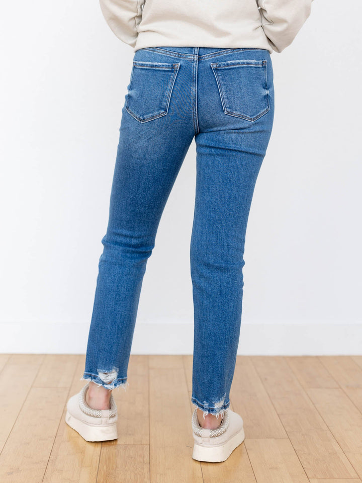 medium wash slim straight denim