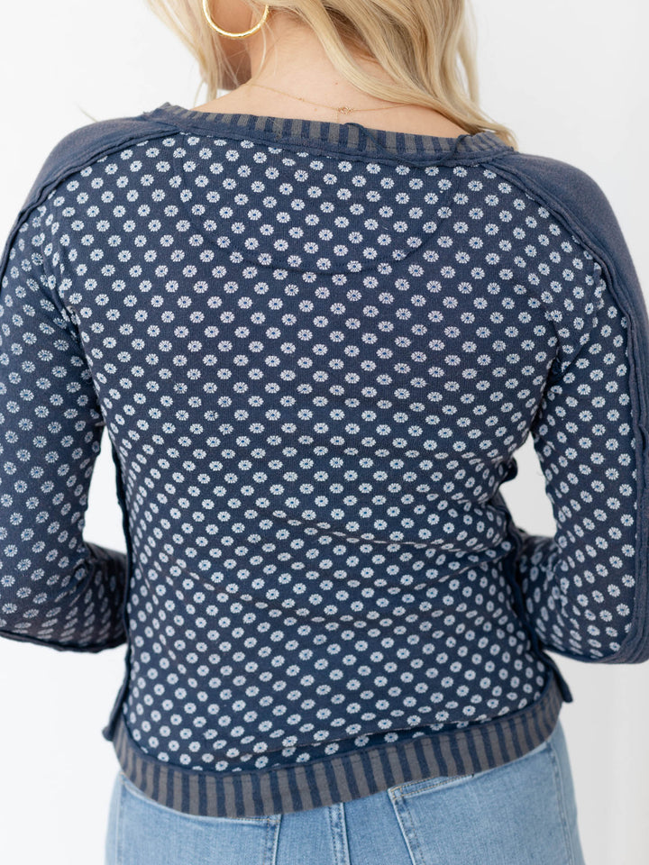 blue mixed fabrics button front long sleeve top