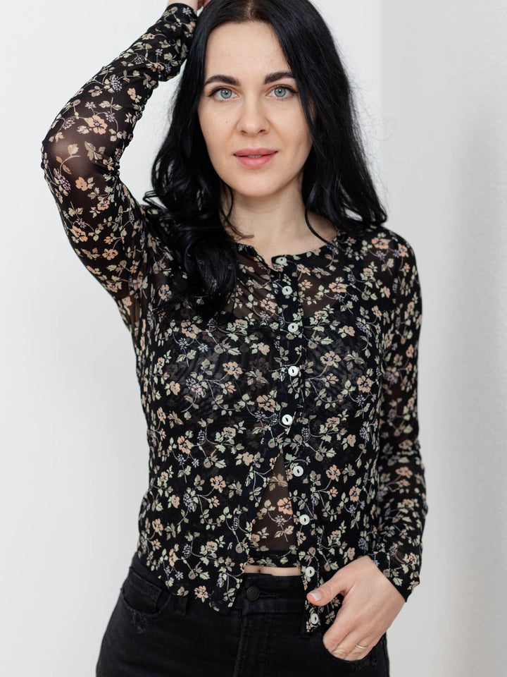 black mesh floral tank and cardigan set