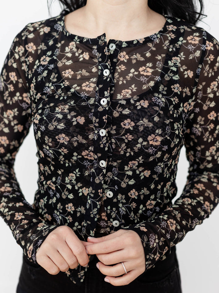 black mesh floral tank and cardigan set