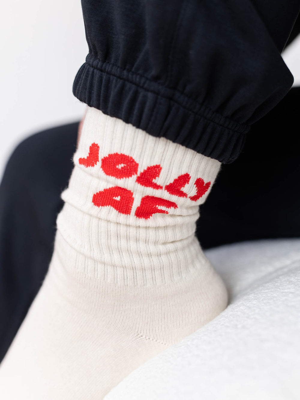 white and red jolly af socks