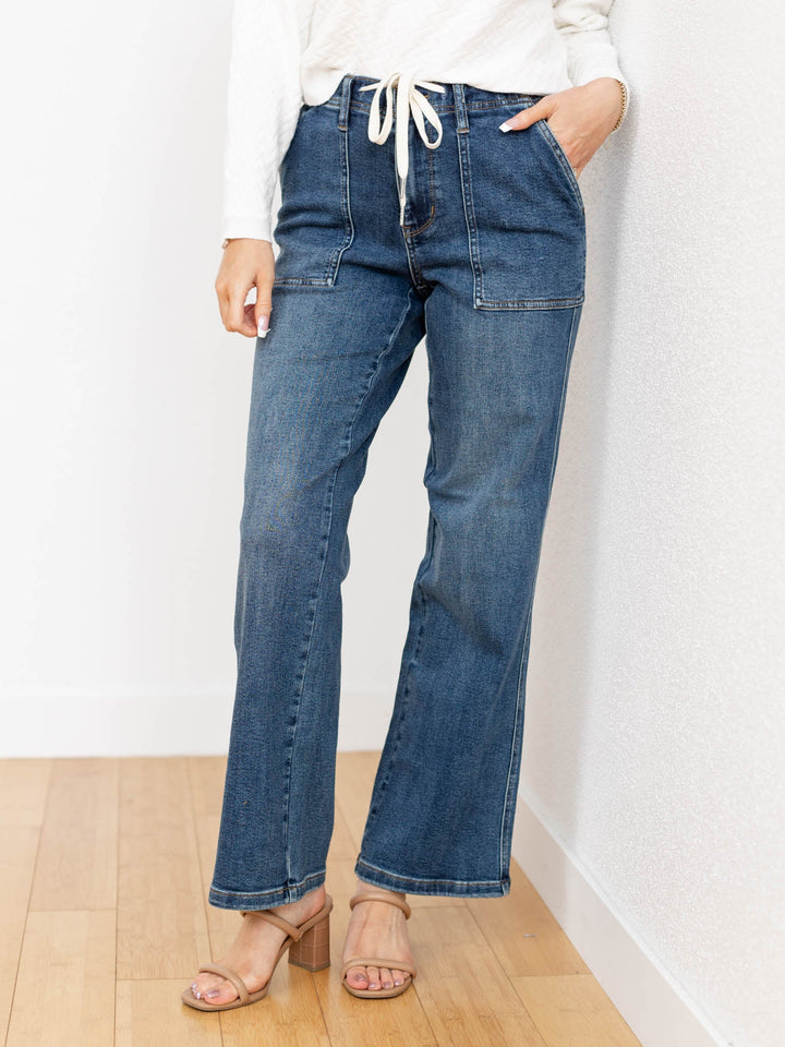 medium wash drawstring waist utility jeans