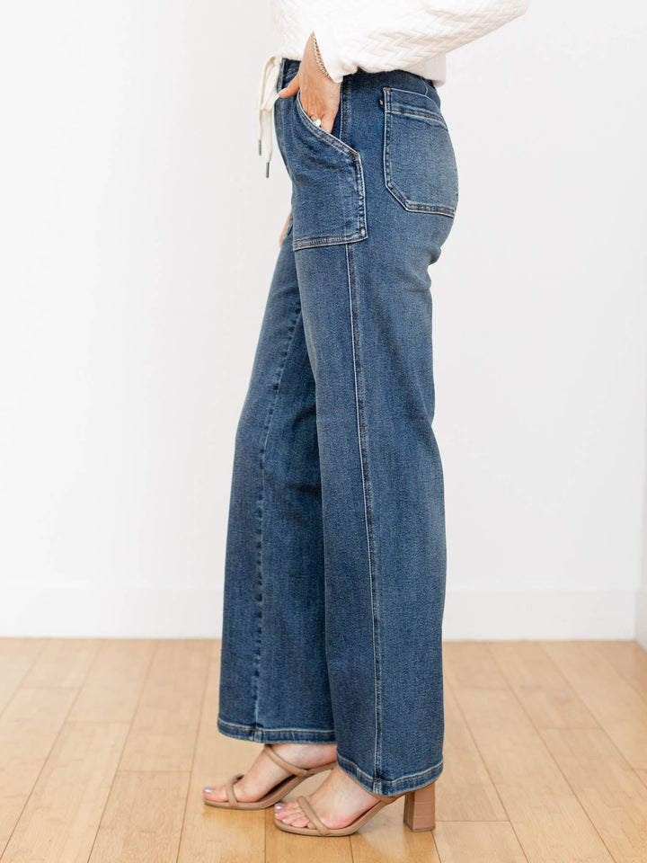 medium wash drawstring waist utility jeans