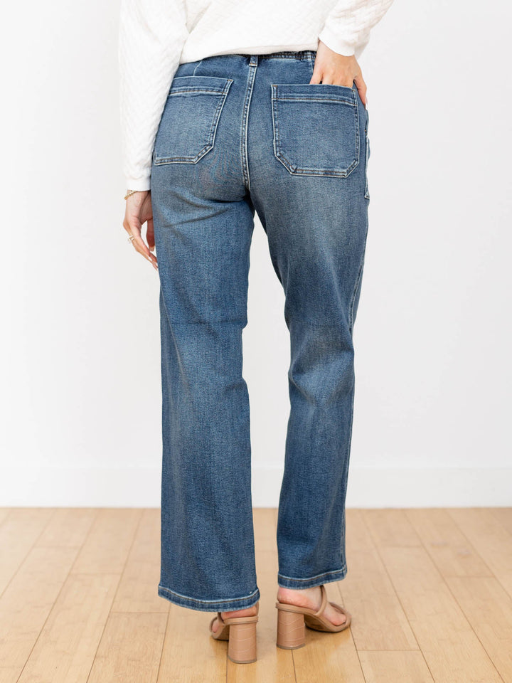 medium wash drawstring waist utility jeans