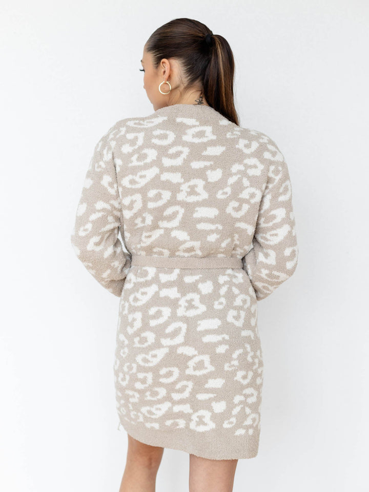 white and tan leopard print short robe