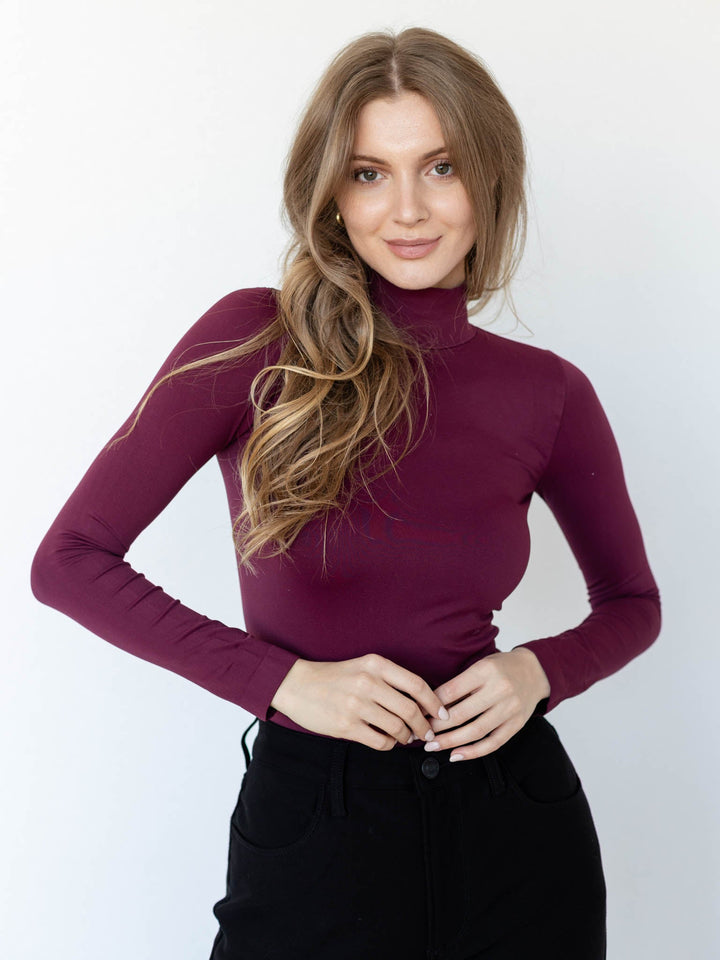 dark purple fitted turtleneck long sleeve