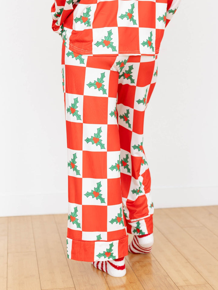 red and white checkered mistletoe pj set