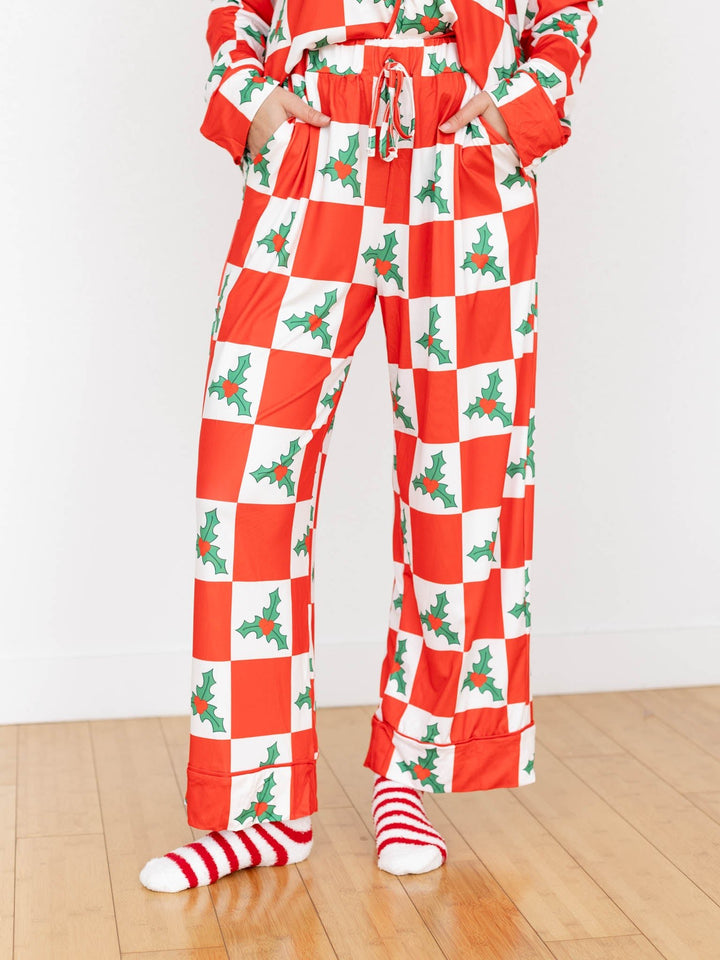 red and white checkered mistletoe pj set