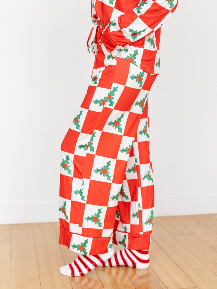 red and white checkered mistletoe pj set