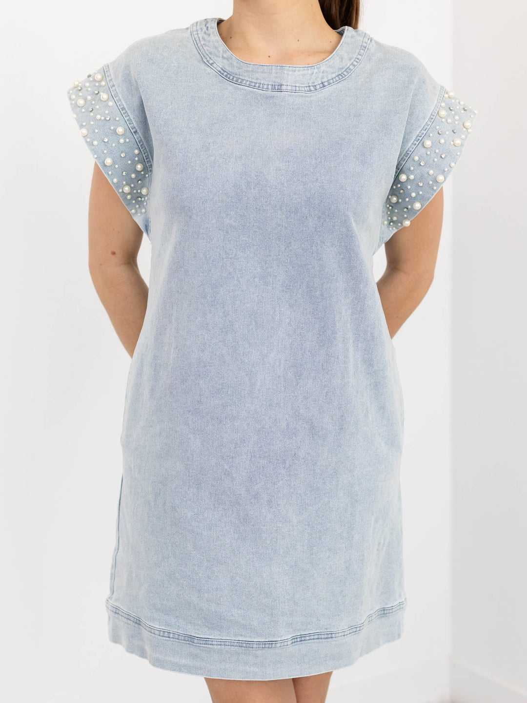 Rhinestone Pearl Sleeve T-Shirt DressDress