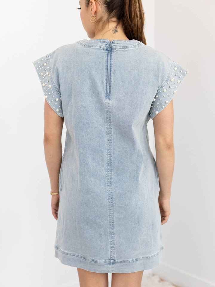 Rhinestone Pearl Sleeve T-Shirt DressDress