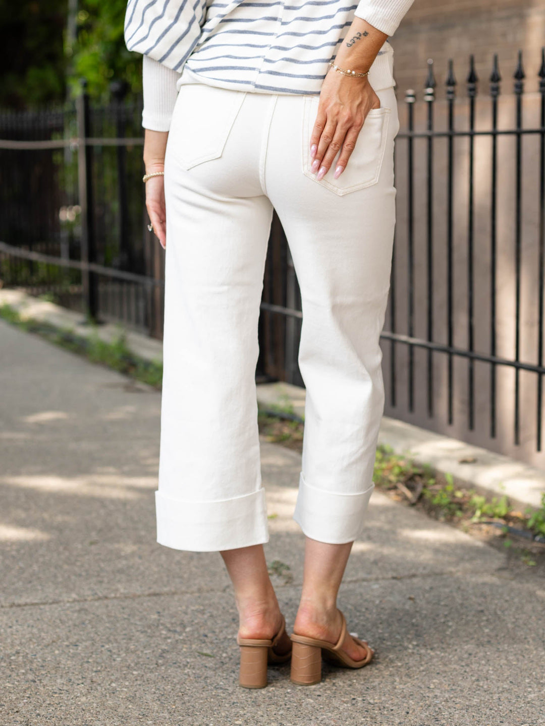 RISEN Cream High Rise Wide Cuff AnkleDenim jeans