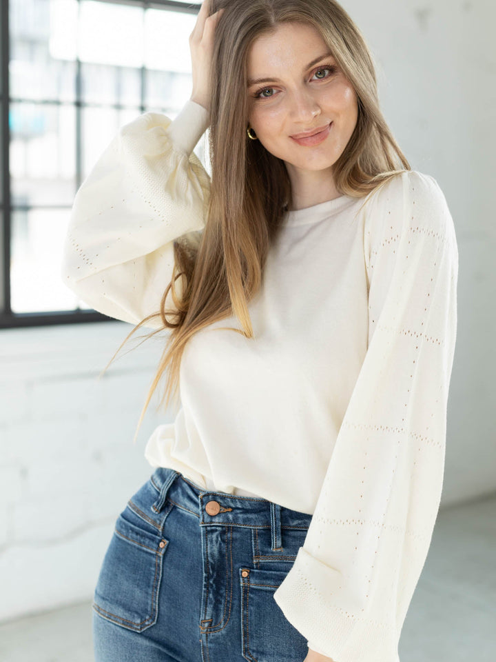 ivory detailed sleeve puff sleeve sweater