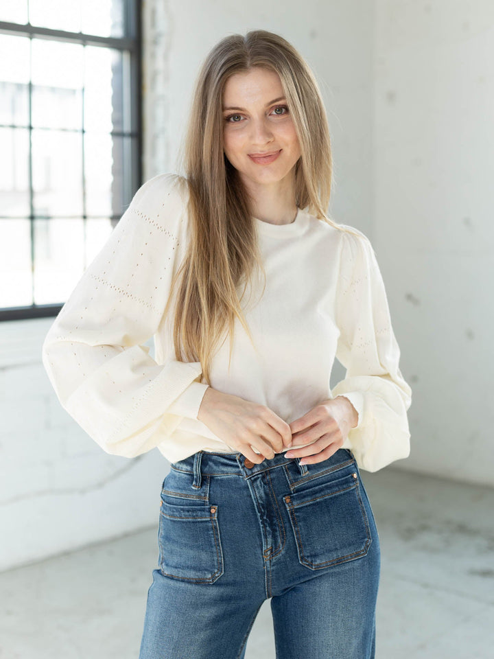 ivory detailed sleeve puff sleeve sweater