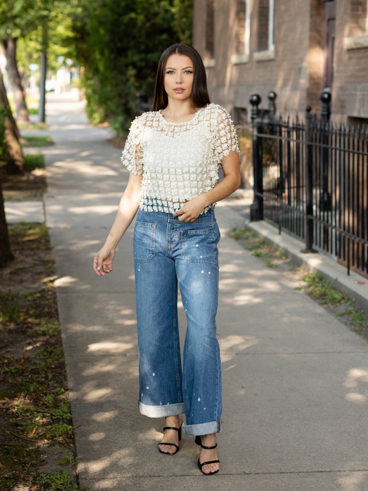 Short Sleeve Lurex Bead Detail TopWoven tops