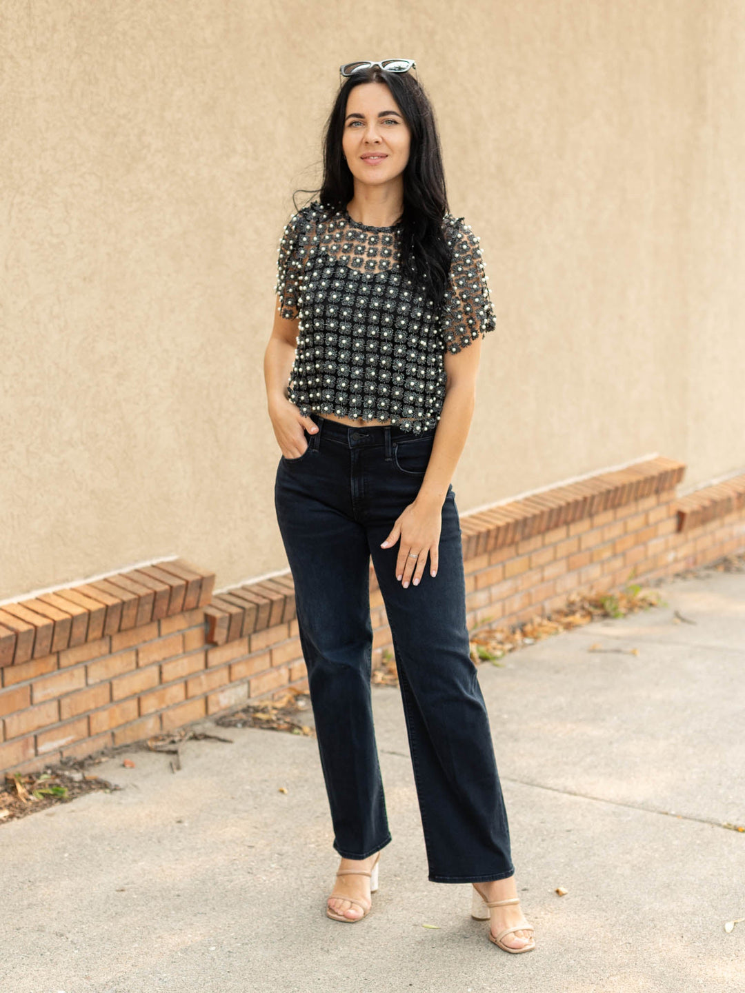 Short Sleeve Lurex Bead Detail TopWoven tops