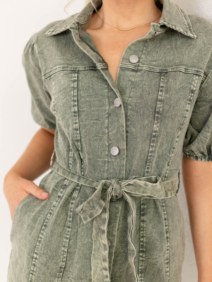 Short Sleeve Washed Button Down DressDress