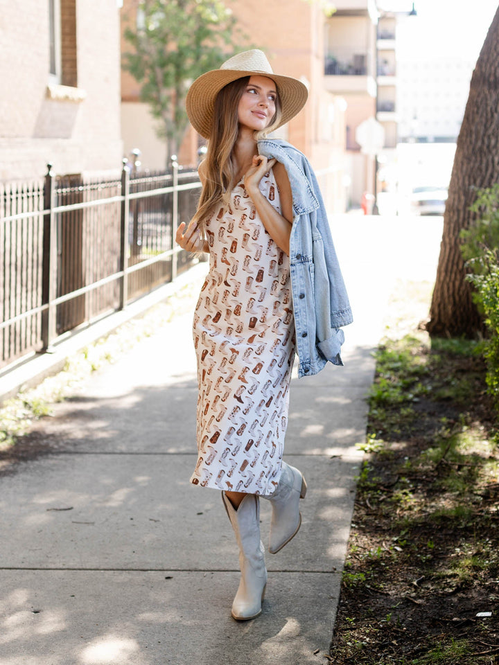 Skies Are Blue Boots Printed Cowl Neck DressDress