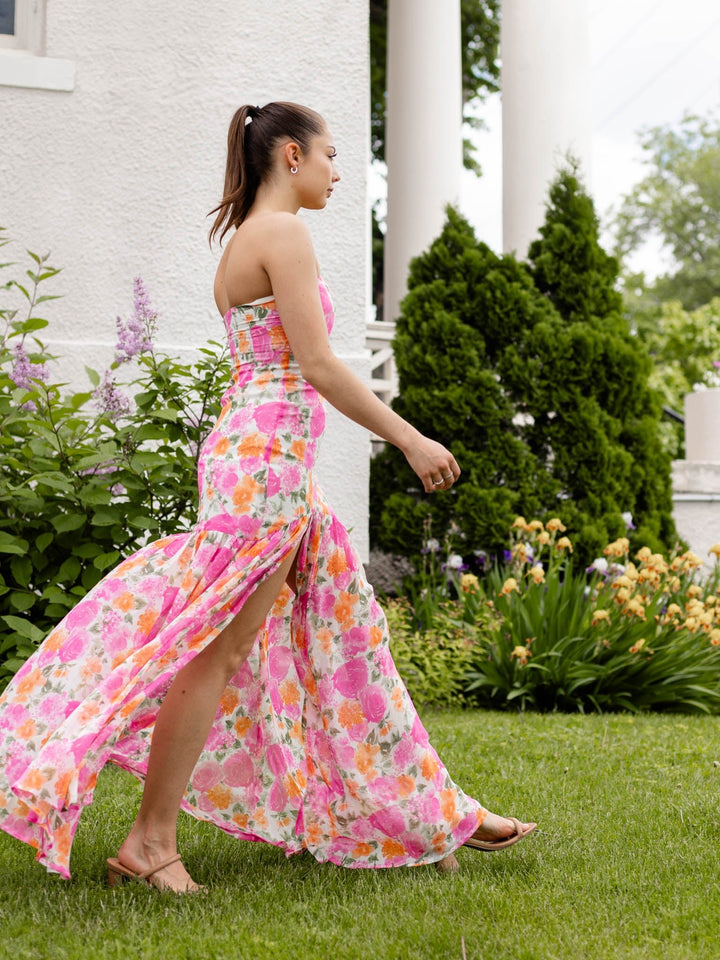 Strapless Asymmetrical Seam Floral Maxi DressDress