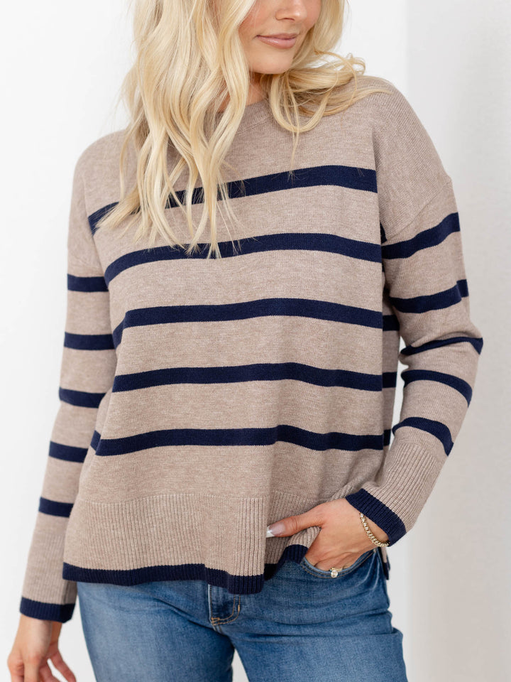 tan and navy stripe sweater