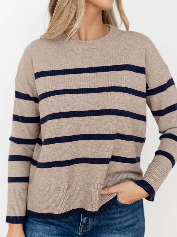 tan and navy stripe sweater