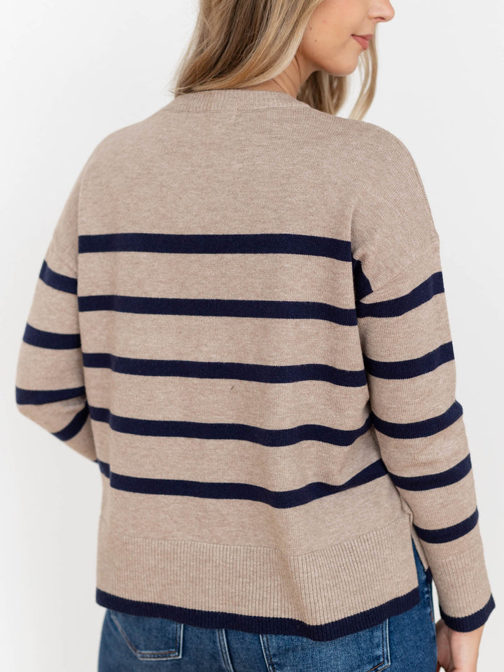 tan and navy stripe sweater