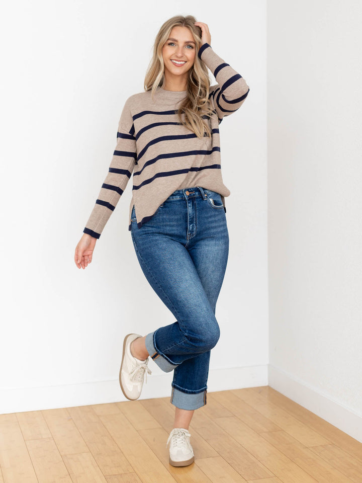 tan and navy stripe sweater