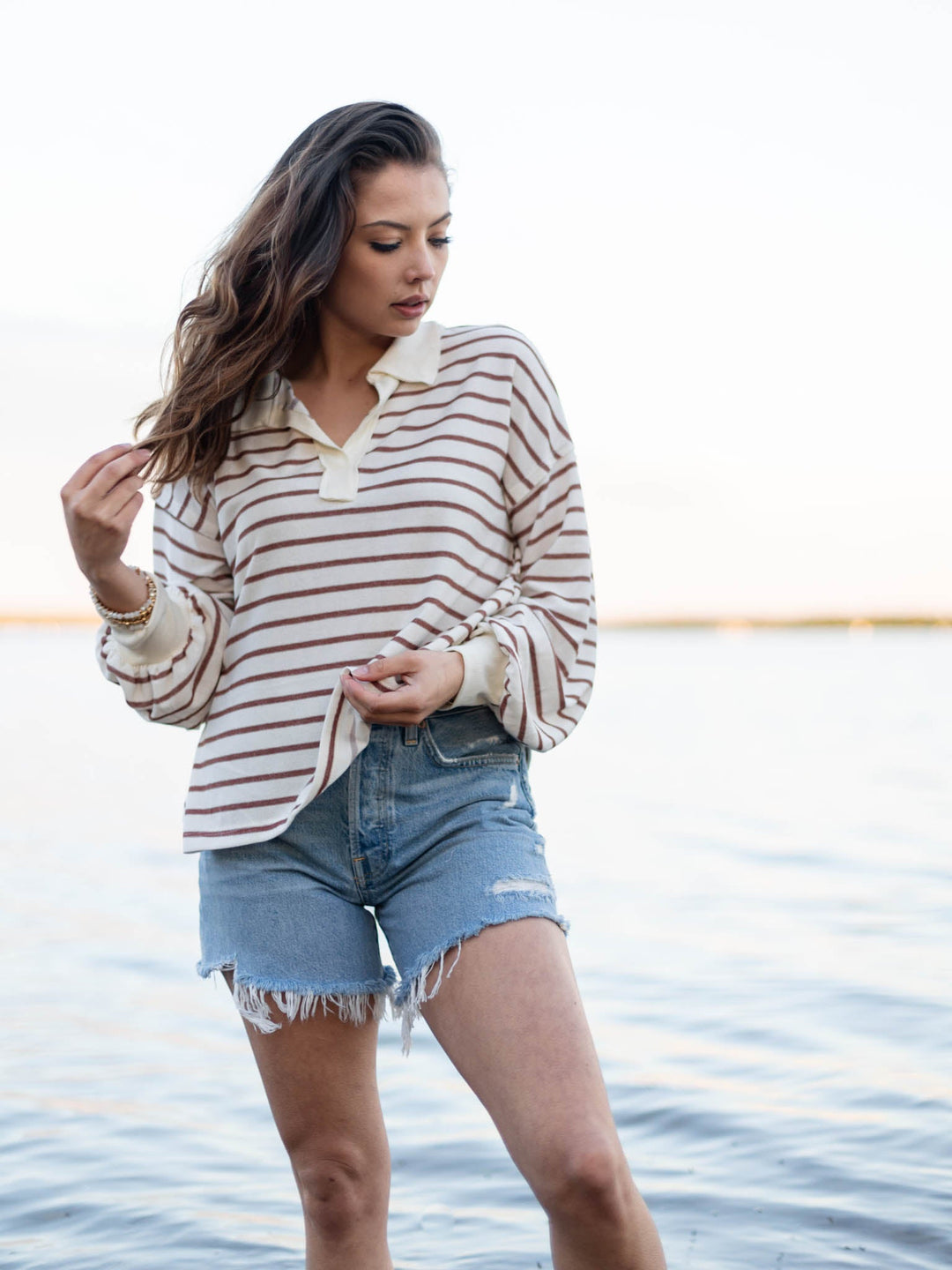 Stripe Knit Basic Collared TopKnit tops
