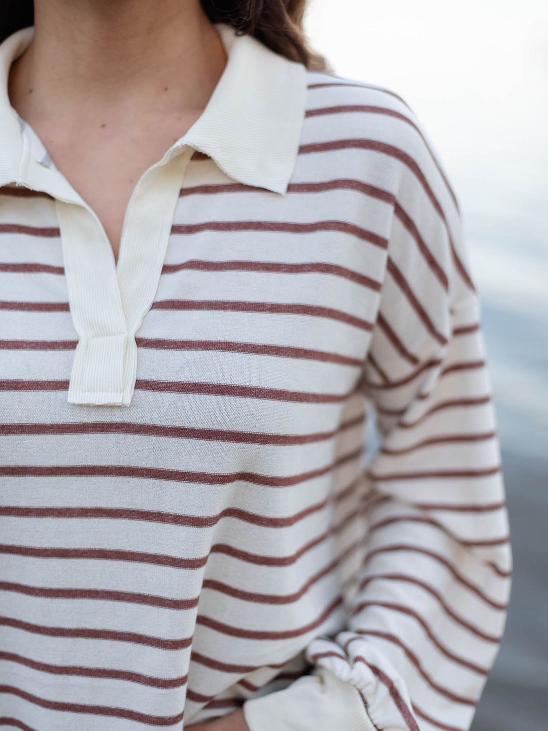 Stripe Knit Basic Collared TopKnit tops