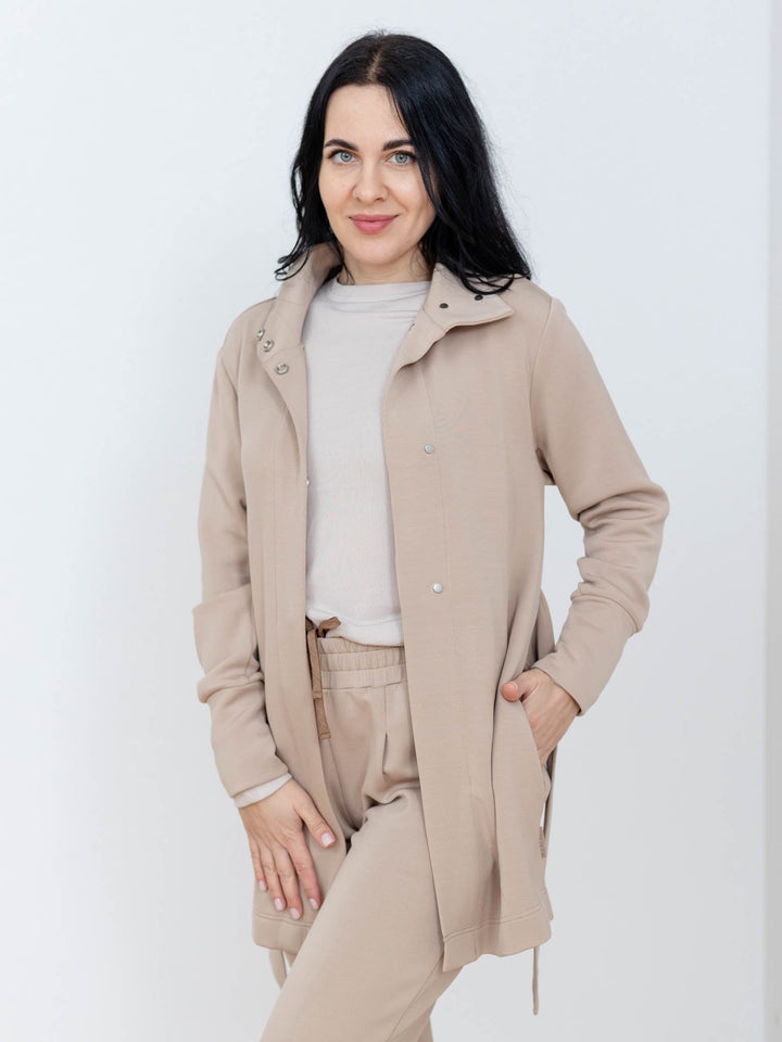 tan belted long layered jacket