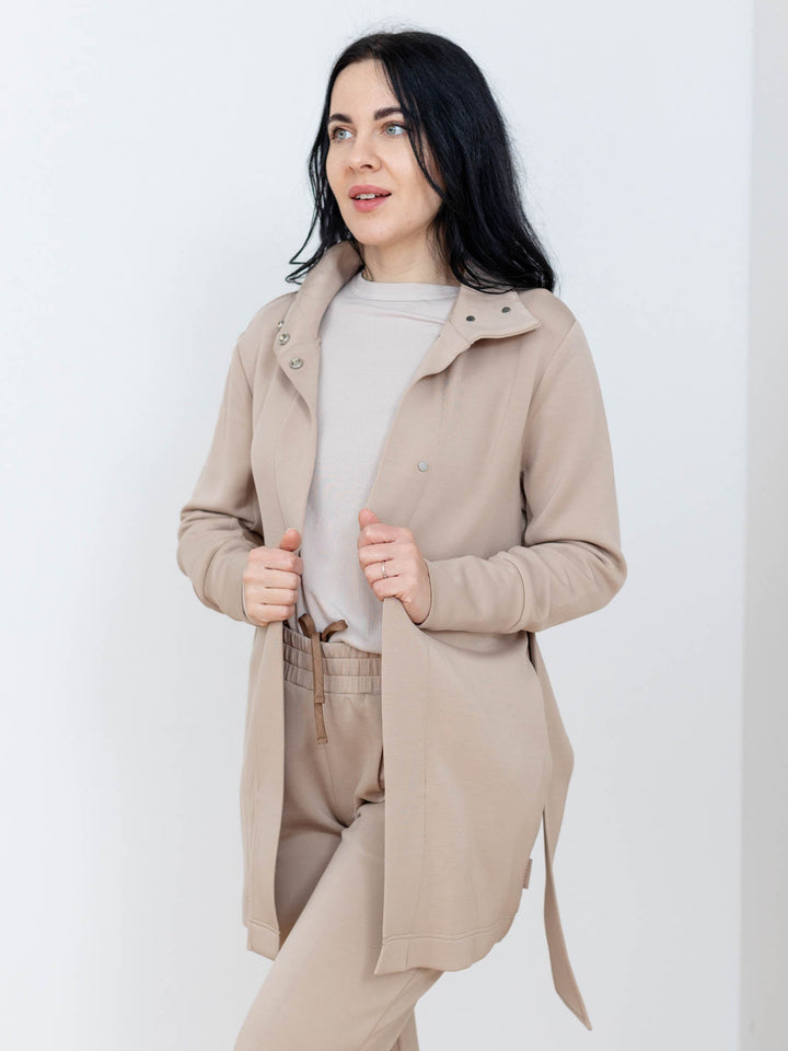 tan belted long layered jacket